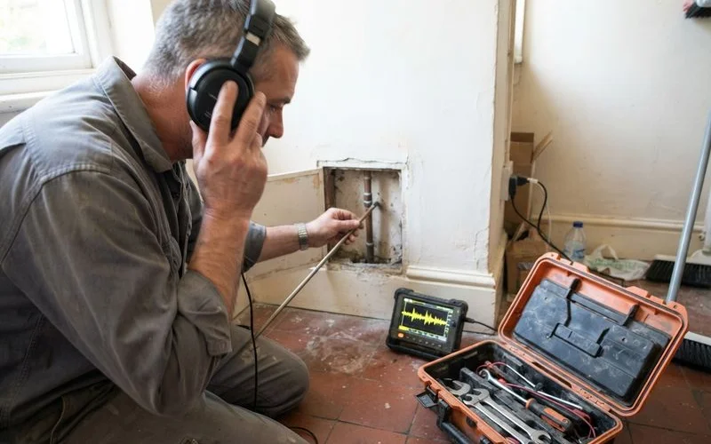 A plumber using acoustic leak detection equipment to locate a hidden water leak inside a wall