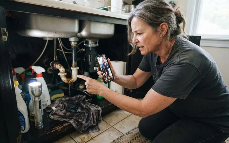 An adult child on a video call helping an elderly parent through a plumbing emergency at home