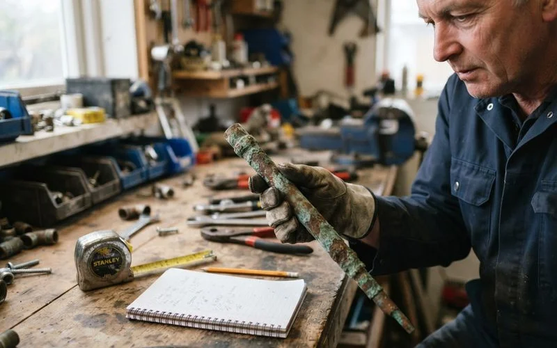 A plumber examining an exposed section of old corroded galvanized pipe in a basement crawlspace