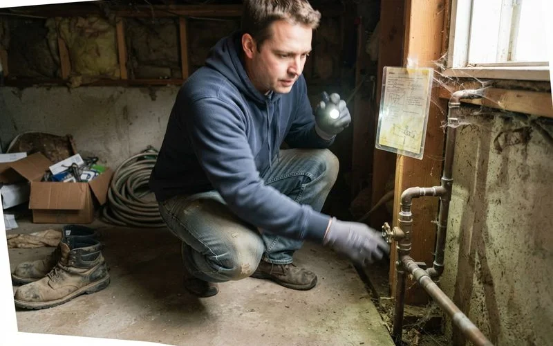 A new homeowner locating and testing the main water shutoff valve in a home's utility closet