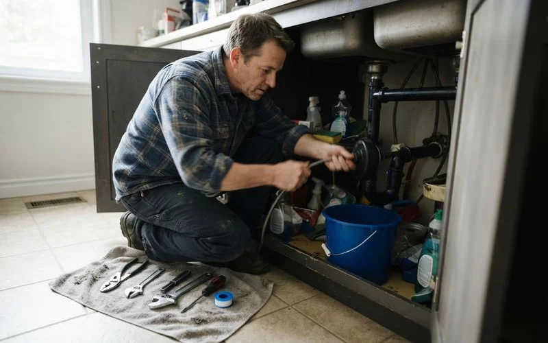 A plumber operating a drain snake machine near an open floor drain cleanout in a basement
