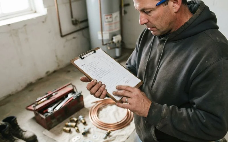 A plumber reviewing a written estimate with a homeowner in a kitchen, both looking at a clipboard