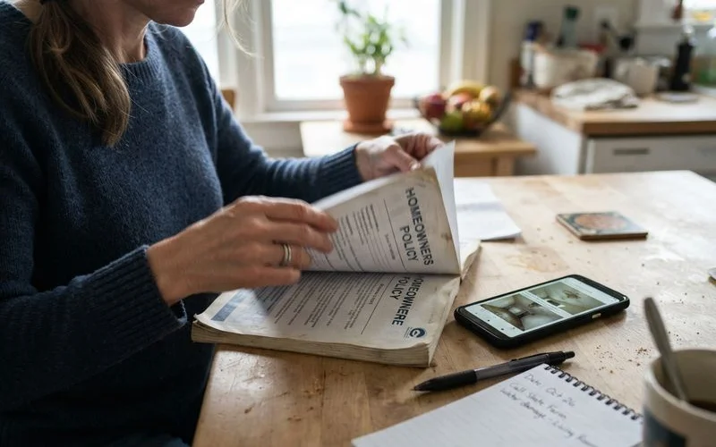 A homeowner reviewing a homeowners insurance policy document at a kitchen table next to a laptop