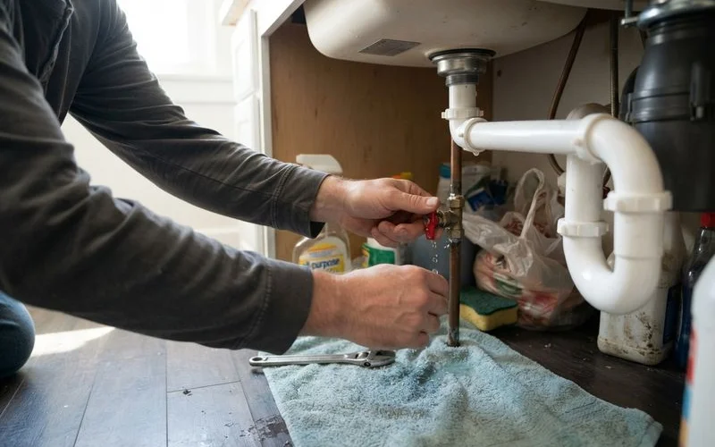A homeowner turning a shutoff valve under a kitchen sink during a plumbing emergency