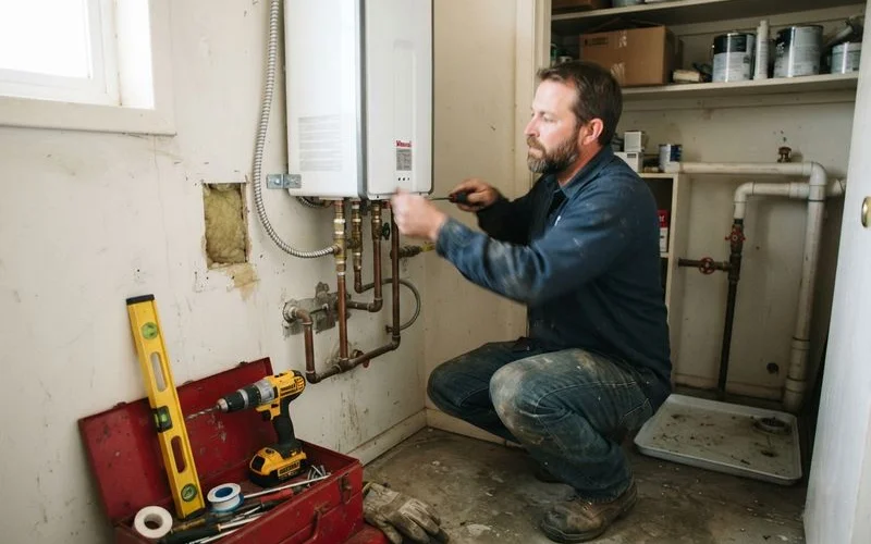 A plumber installing a wall-mounted tankless water heater unit in a home utility closet, close-up on the pipe connections