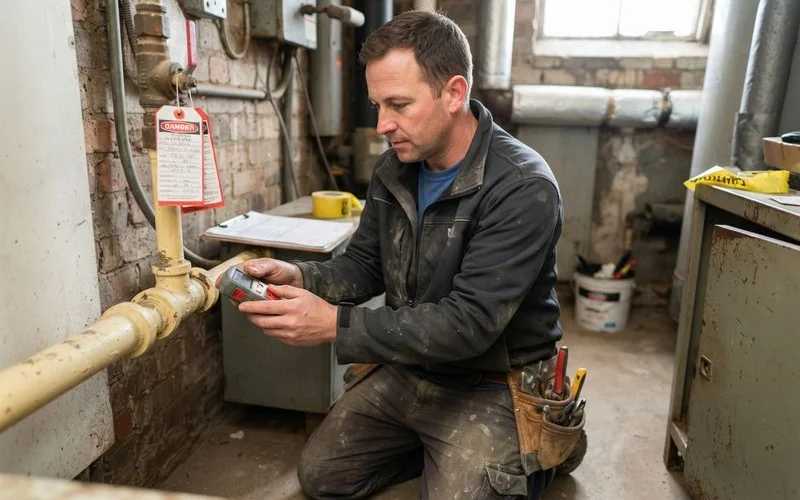 A gas utility technician using a handheld gas detector to check a residential gas line for leaks