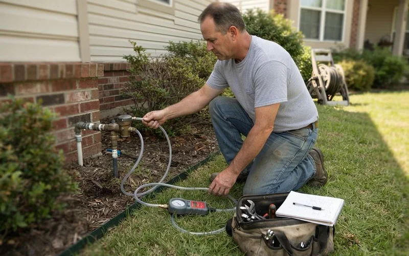 A licensed technician testing a backflow preventer valve installed on an outdoor irrigation line